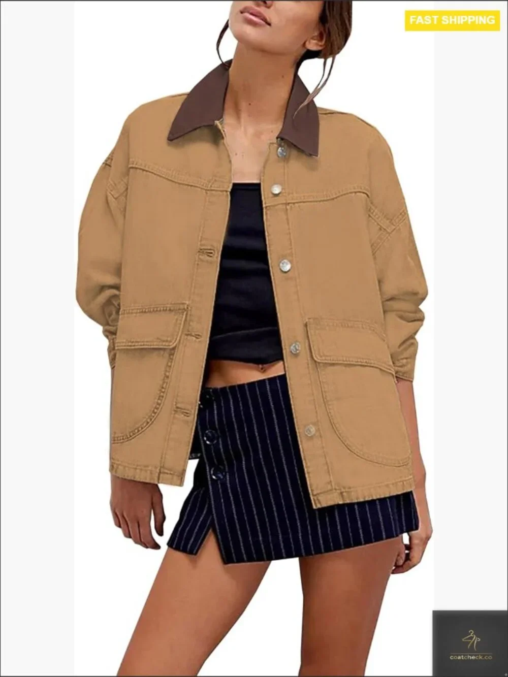 Oversized Denim Jacket with Contrast Trim Long Sleeve Button Down Jean Coat